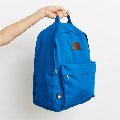 Custom made canvas Backpack for adult - blue - side view from supreme creations